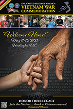 Welcome Home! May 11-13, 2023, Washington DC Vietnam War Commemoration "Welcome Home" poster of older hand holding child's hand in front of the Vietnam wall;